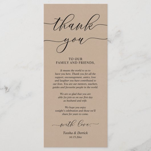 Rustieke bruiloft diner plaats instelling dank u k programmakaart (Voorkant)