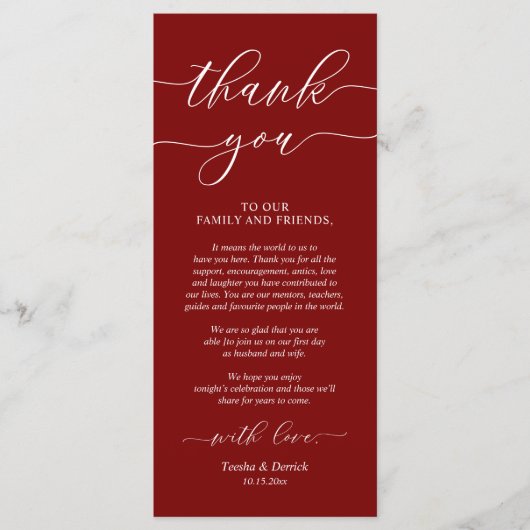 Rustieke bruiloft diner plaats instelling dank u k programmakaart (Voorkant)