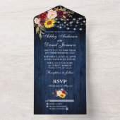 Rustieke bruiloft Gemengde Bloemen Blauw Hout Lich All In One Uitnodiging (Binnen)