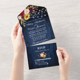 Rustieke bruiloft Gemengde Bloemen Blauw Hout Lich All In One Uitnodiging