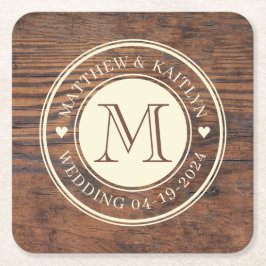 Rustieke bruiloft hart Monogram in donkere walnoot Kartonnen Onderzetters