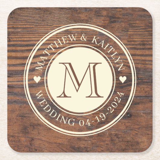 Rustieke bruiloft hart Monogram in donkere walnoot Kartonnen Onderzetters (Voorkant)