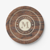 Rustieke bruiloft hart Monogram in donkere walnoot Papieren Bordje (Voorkant)