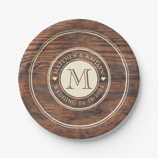 Rustieke bruiloft hart Monogram in donkere walnoot Papieren Bordje (Voorkant)