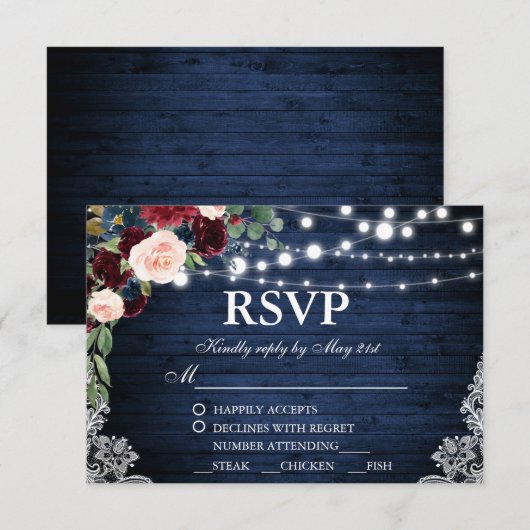 Rustieke Bruiloft Hout Blauw Bourgogne Bloemen RSV RSVP Kaartje (Voorkant / Achterkant)