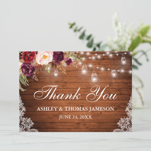 Rustieke Bruiloft Hout Bloemen Lichten Kruiken Kan Bedankkaart (Staand voorkant)