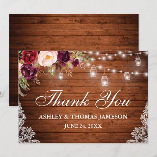 Rustieke Bruiloft Hout Bloemen Lichten Kruiken Kan Bedankkaart (Voorkant / Achterkant)