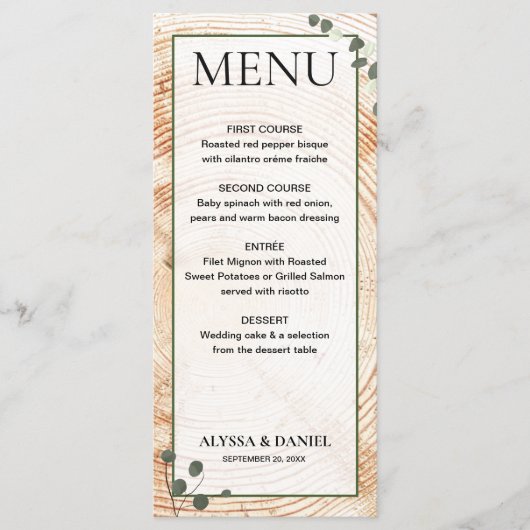 Rustieke bruiloft hout boom schors met eucalyptus menu (Voorkant)