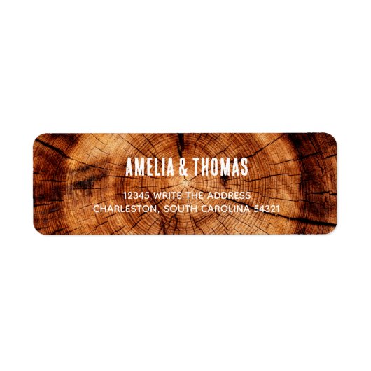 Rustieke bruiloft hout boom slice retour adres etiket (Voorkant)