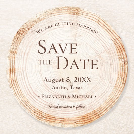 Rustieke Bruiloft Hout gesneden plak boom opslaan  Ronde Kartonnen Onderzetter (Voorkant)