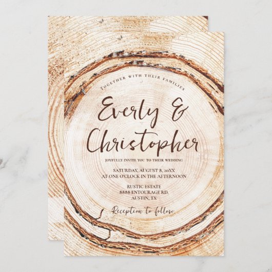 Rustieke Bruiloft Hout Gesneden Slice  Kaart (Voorkant / Achterkant)