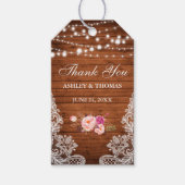Rustieke Bruiloft Hout Kant Roze Bloemen Dank u Cadeaulabel (Voorkant)