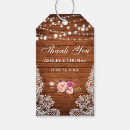 Rustieke Bruiloft Hout Kant Roze Bloemen Dank u Cadeaulabel