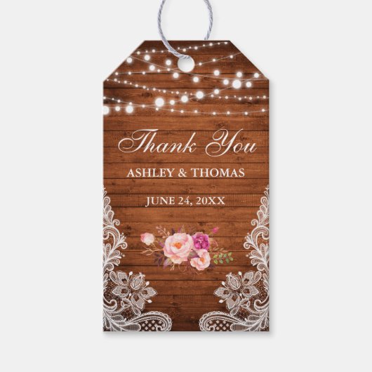 Rustieke Bruiloft Hout Kant Roze Bloemen Dank u Cadeaulabel (Voorkant)
