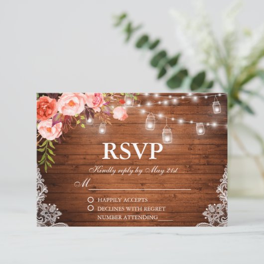 Rustieke Bruiloft Hout Koraal Bloemen Lichten Jars RSVP Kaartje (Staand voorkant)