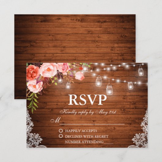 Rustieke Bruiloft Hout Koraal Bloemen Lichten Jars RSVP Kaartje (Voorkant / Achterkant)