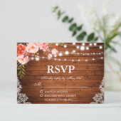 Rustieke Bruiloft Hout Koraal Bloemen Lichten Kant RSVP Kaartje (Staand voorkant)