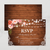 Rustieke Bruiloft Hout Koraal Bloemen Lichten Kant RSVP Kaartje (Voorkant / Achterkant)