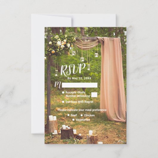 Rustieke bruiloft hout perzik metselaarskaarsen be RSVP kaartje (Voorkant)