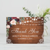 Rustieke bruiloft hout verlichting kant bloemig bedankkaart (Staand voorkant)