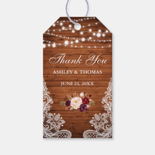Rustieke bruiloft hout verlichting kant bloemig da cadeaulabel (Voorkant)