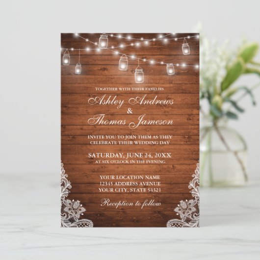 Rustieke Bruiloft Houten Kruik String Lights Kant  Kaart (Staand voorkant)