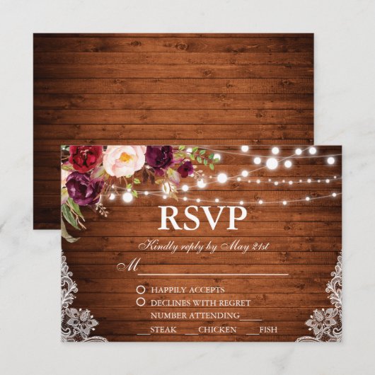 Rustieke Bruiloft Houten Lichten Kant Bloemen RSVP (Voorkant / Achterkant)