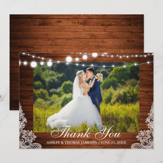 Rustieke Bruiloft Houten Lichten Kant Foto Dank u Bedankkaart (Voorkant / Achterkant)
