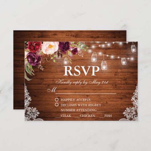 Rustieke Bruiloft Houten Lichten Kant Jars Bloemen RSVP Kaartje (Voorkant / Achterkant)