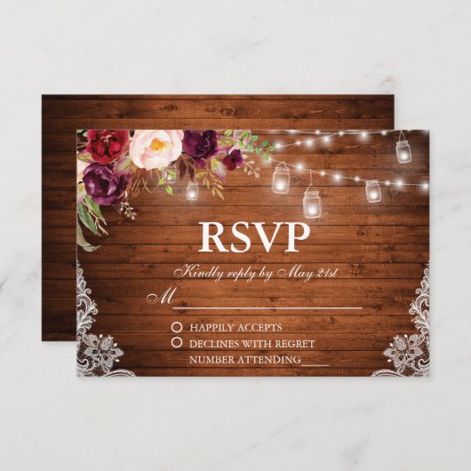 Rustieke Bruiloft Houten Lichten Kruiken Kant Bloe RSVP Kaartje (Voorkant / Achterkant)