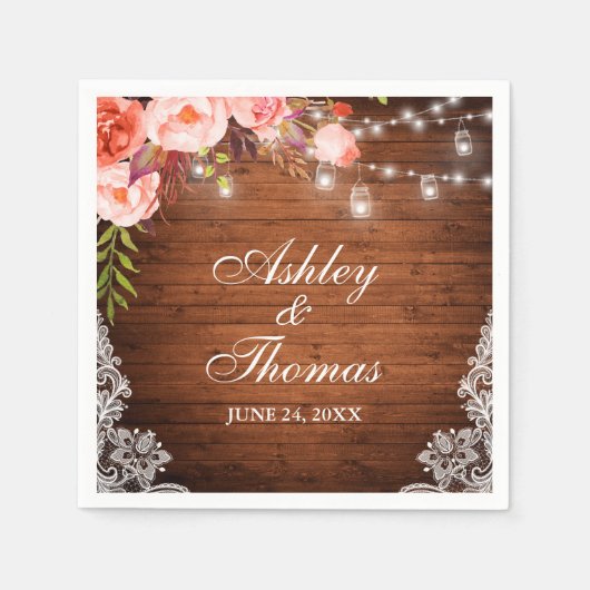 Rustieke bruiloft houten pot licht roze koraal kan servet (Voorkant)