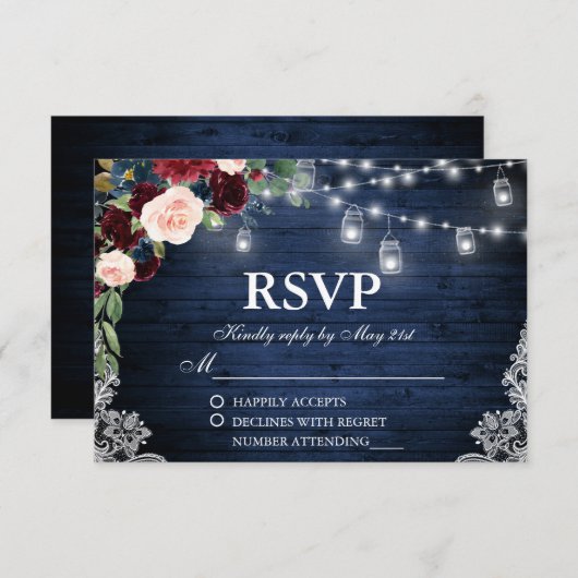 Rustieke bruiloft houten potten blauw bordeaux blo RSVP kaartje (Voorkant / Achterkant)