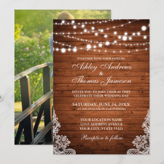 Rustieke Bruiloft Houten Strijklichten Kant Nodige Kaart (Voorkant / Achterkant)