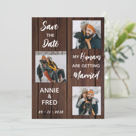 Rustieke bruiloft huisdier foto hond save the date (Staand voorkant)