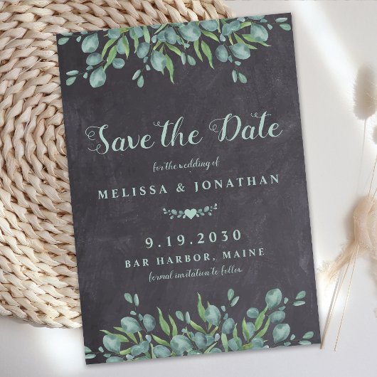 Rustieke bruiloft krijtbord Eucalyptus groen Save The Date