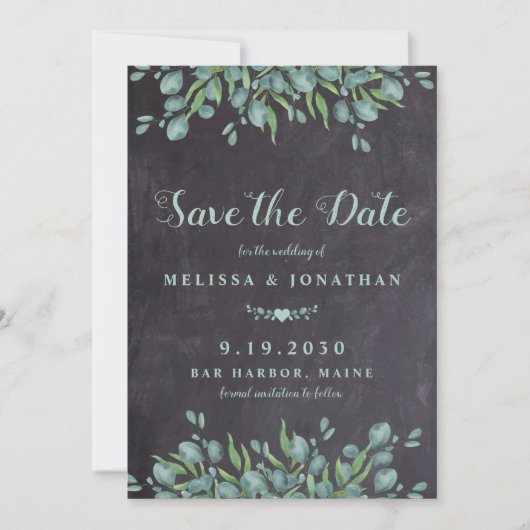 Rustieke bruiloft krijtbord Eucalyptus groen Save The Date (Voorkant)