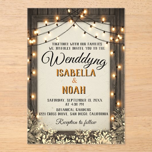 Rustieke bruiloft met  bloemen en bladeren acryl uitnodigingen (Voorkant)