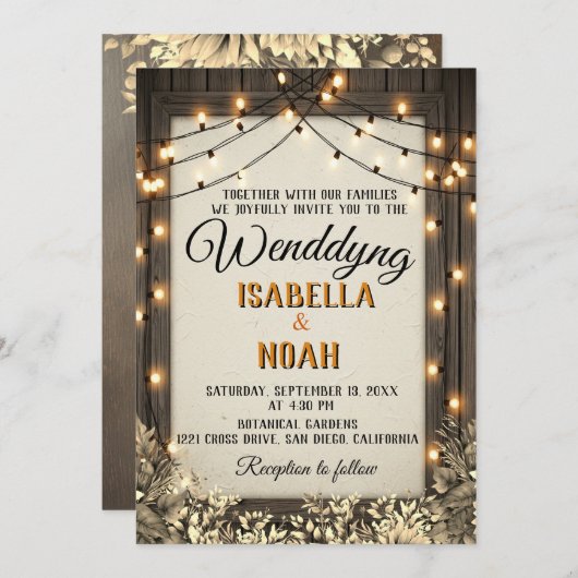 Rustieke bruiloft met bloemen en bladeren kaart (Voorkant / Achterkant)