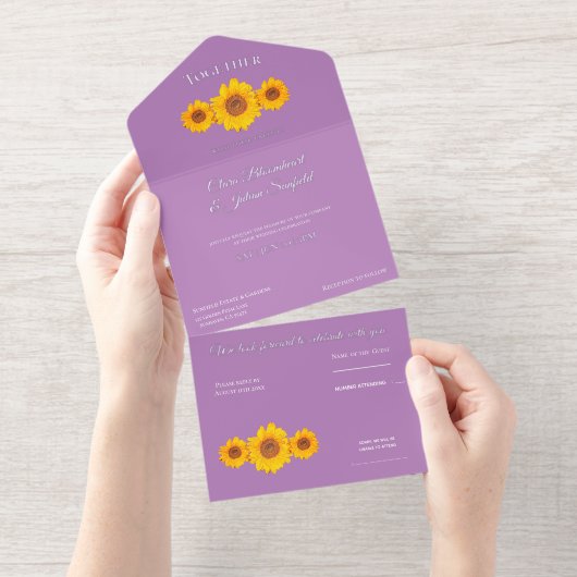 Rustieke bruiloft met zonnebloemen - paarse All In All In One Uitnodiging (Uittrekbaar)