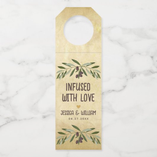 Rustieke bruiloft Olijfolie gunsten doordrenkt met Flessenhanger (Achterkant)