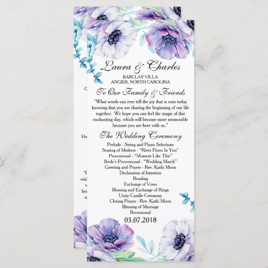 Rustieke bruiloft programma Anemone Waterverf Flow Programmakaart (Voorkant / Achterkant)