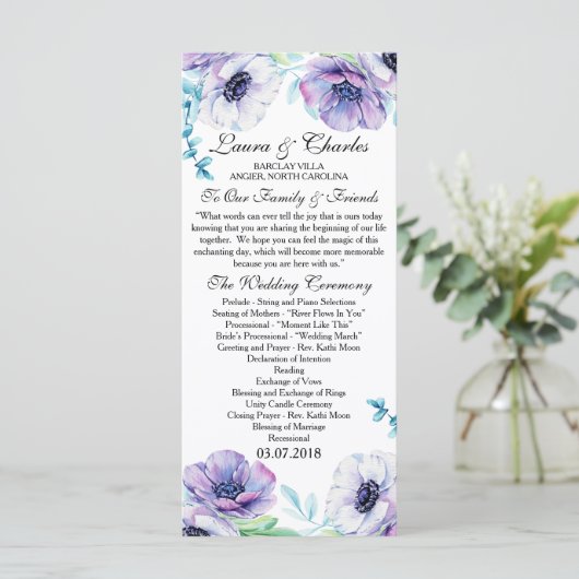 Rustieke bruiloft programma Anemone Waterverf Flow Programmakaart (Staand voorkant)