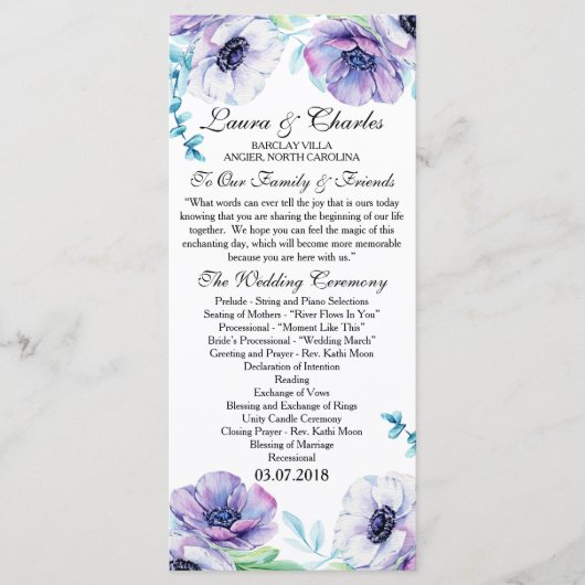 Rustieke bruiloft programma Anemone Waterverf Flow Programmakaart (Voorkant)