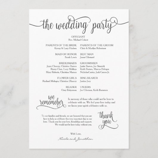 Rustieke bruiloft programma kaart 5x7 kalligrafie  (Achterkant)