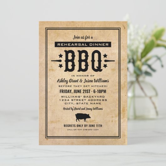 Rustieke bruiloft repetitie diner BBQ Kaart (Staand voorkant)