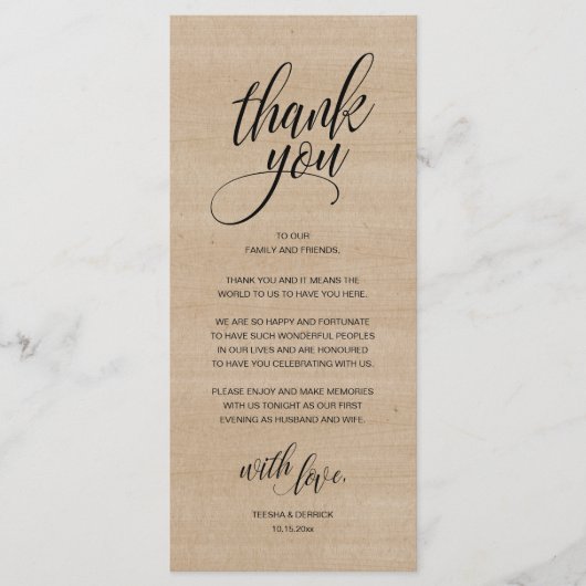 Rustieke bruiloft repetitie diner dank u kaart (Voorkant)