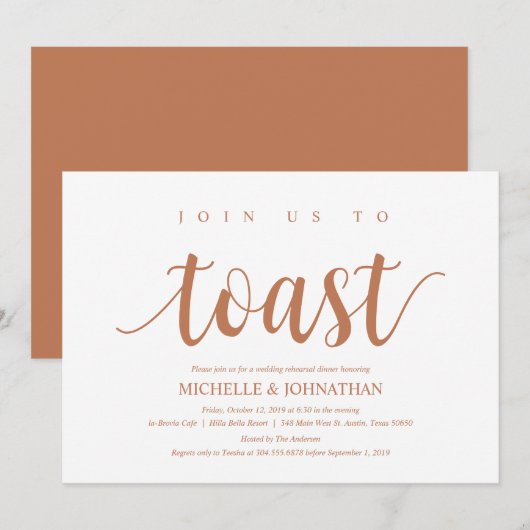 Rustieke bruiloft repetitie diner, koper kleur kaart (Voorkant / Achterkant)