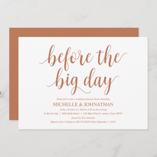 Rustieke bruiloft repetitie diner, koper thema kaart (Voorkant / Achterkant)