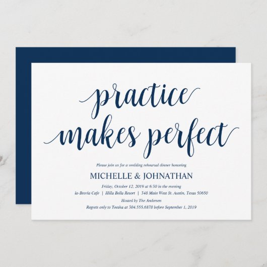 Rustieke bruiloft repetitie diner, marineblauw kaart (Voorkant / Achterkant)