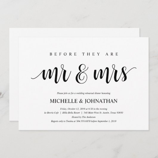 Rustieke bruiloft repetitie diner, zwart en wit kaart (Voorkant / Achterkant)